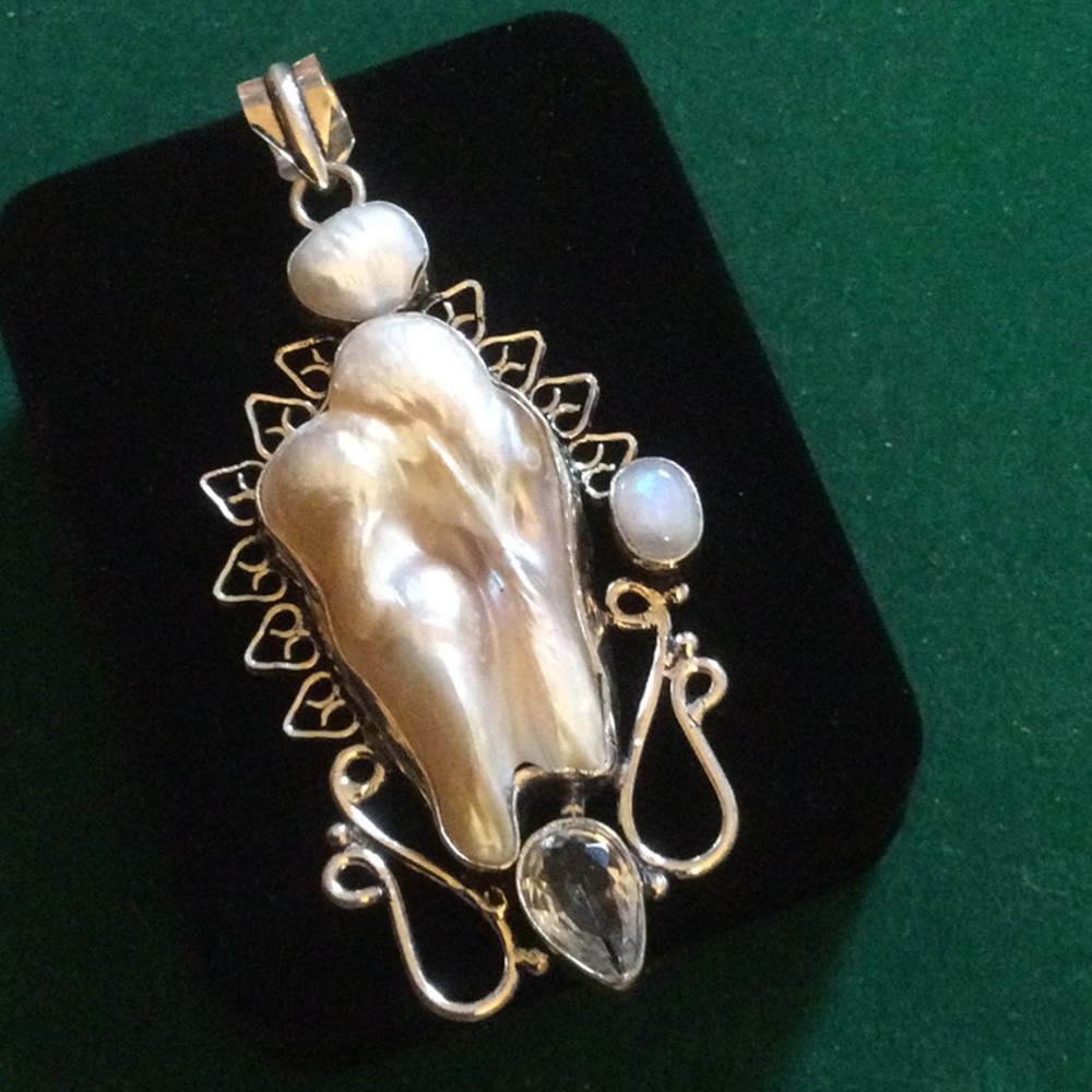 HUGE RARE Unique Baroque Pearl & Moonstone Pendant SEE VIDEO